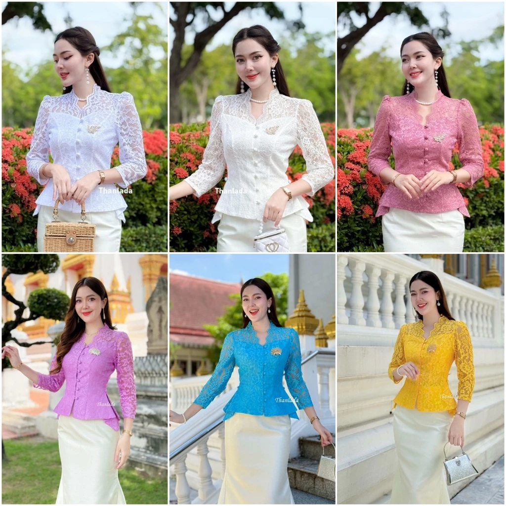 เสื้อลูกไม้รุ่น-มรกต แขนยาว 5ส่วน คอวี ตกแต่งกระดุมแกะได้