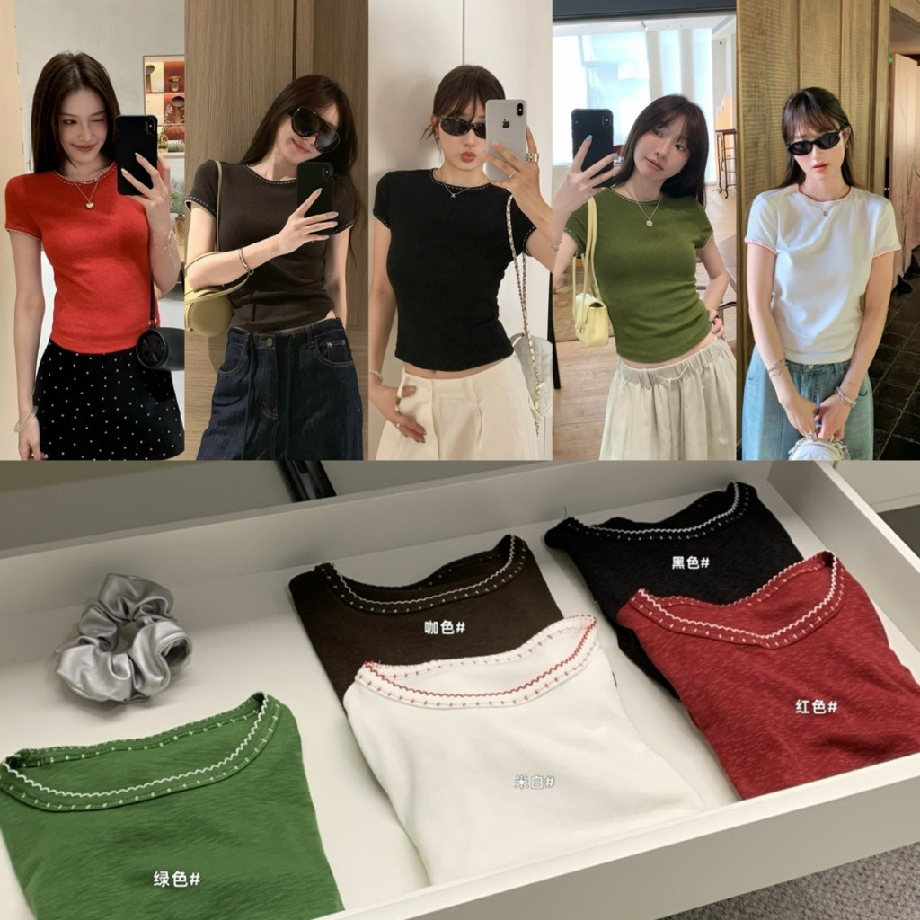 9338# เสื้อคอกลมแขนสั้น เนื้อผ้ายืดอย่างดี งานสวย  TAG:WG.WE 🇰🇷