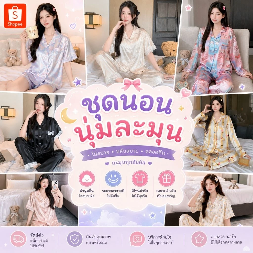 ชุดนอนผ้าซาติน ชุดนอนผู้หญิง ใส่สบาย ผ้านุ่มลื่น (พร้อมส่งจากไทย)