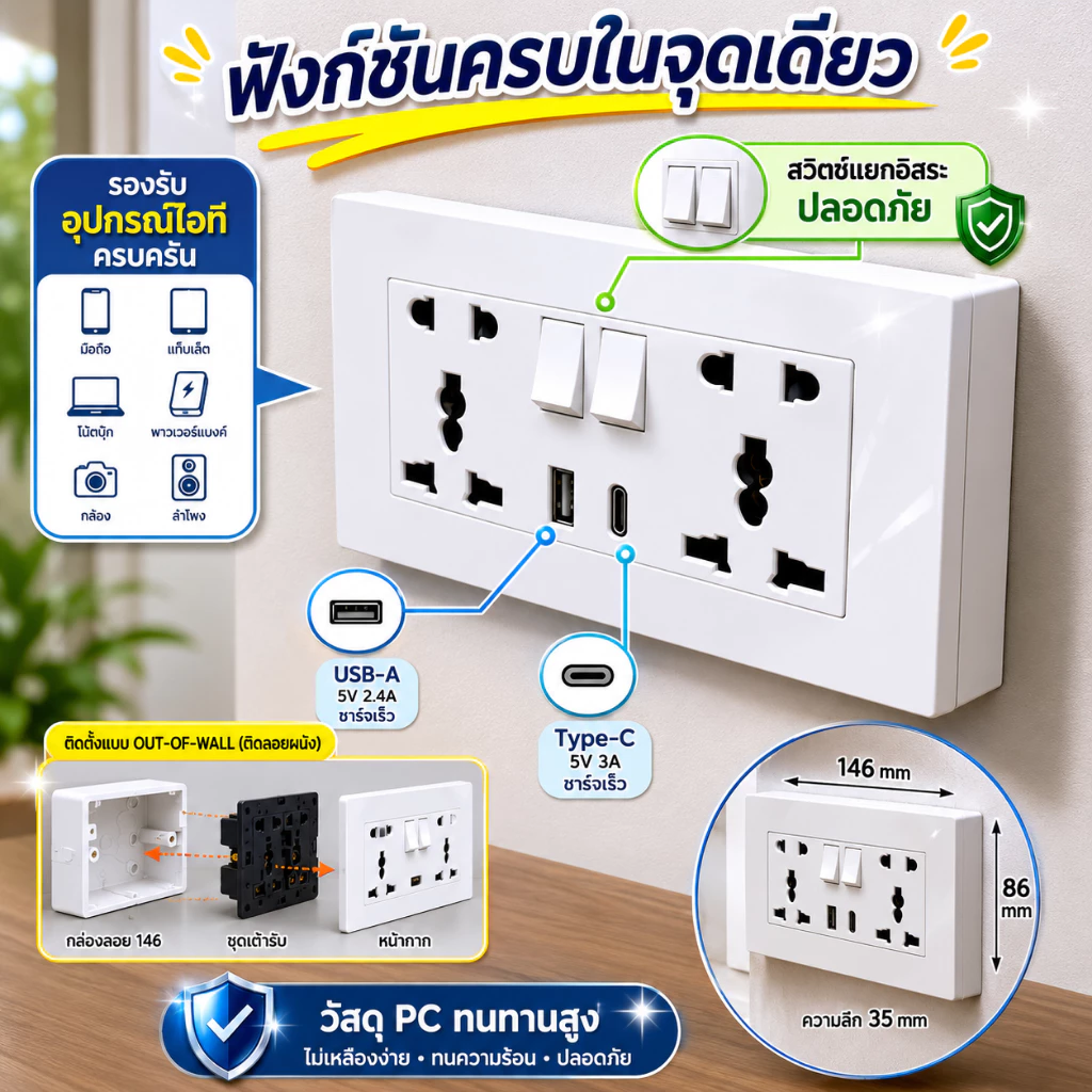 ปลั๊กไฟผนัง 146 แบบ 2 สวิตช์ 2 ช่องเสียบ พร้อมพอร์ต USB และ Type-C ดีไซน์ทันสมัย ติดตั้งง่าย