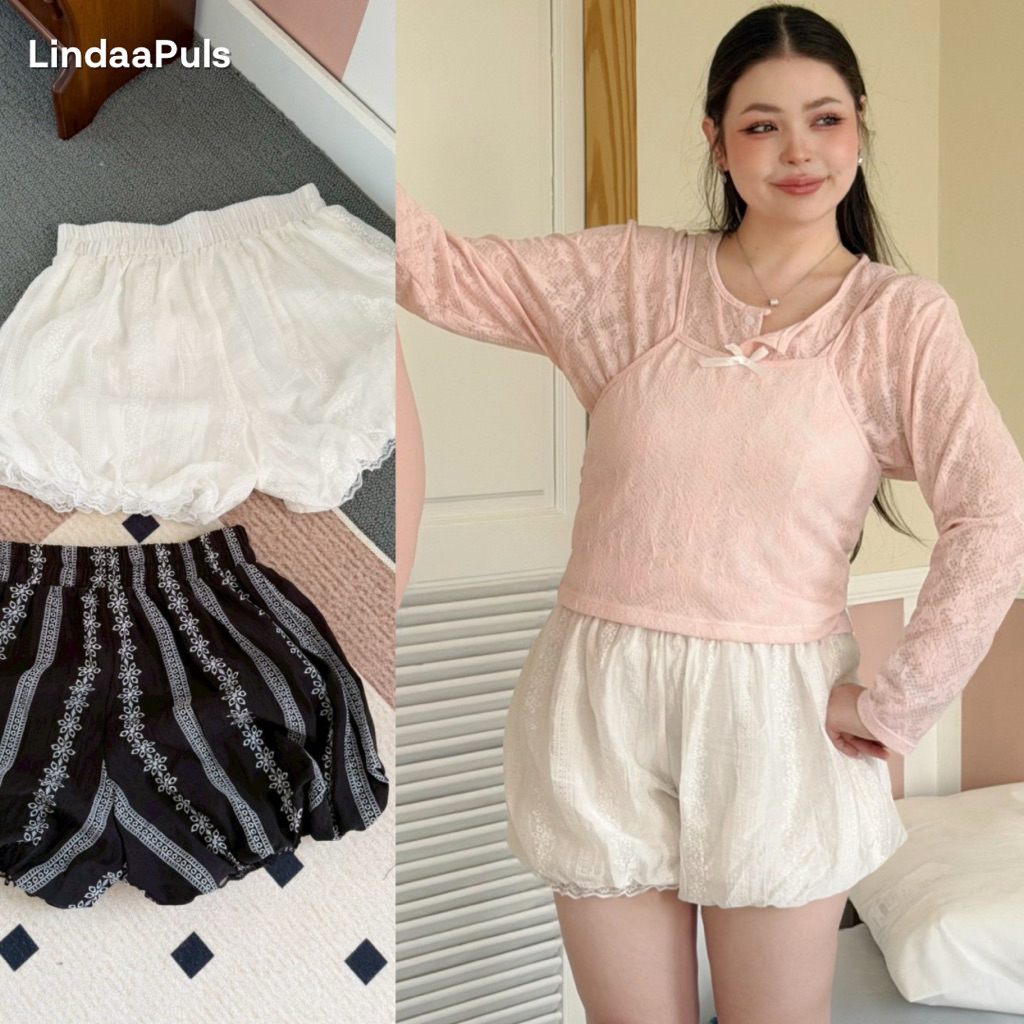 LindaaPlus-- กางเกงขาสั้นทรงบอลลูนสาวอวบอ้วน 🫧 งานผ้าโรซี่พิมพ์ลายสุดน่ารัก✨แต่งลูกไม้ปลายขา มีผ้าซับด้านใน แมทได้ทุกชุด