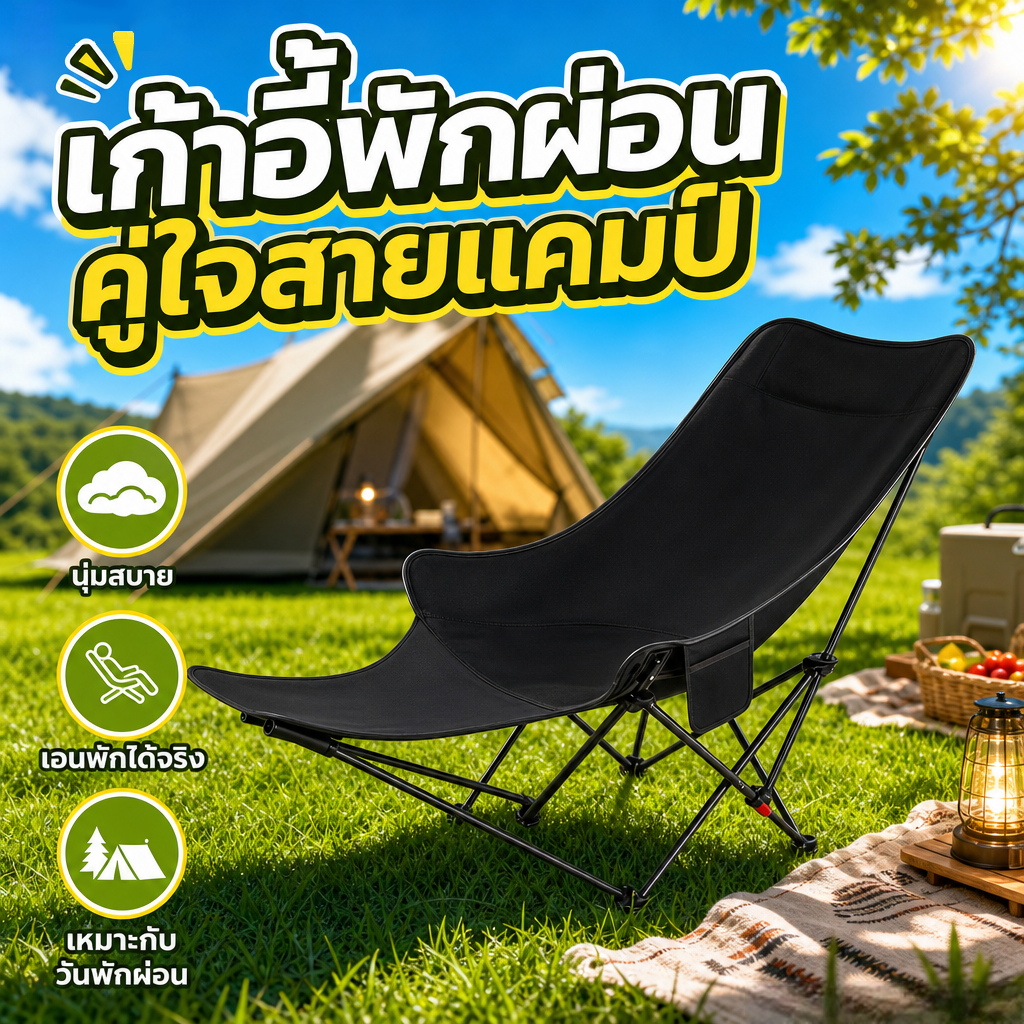 เก้าอี้แคมป์ปิ้งปรับเอนได้ สำหรับใช้ทั้งในร่มและกลางแจ้ง พกพาง่าย แข็งแรงทนทาน เหมาะสำหรับกิจกรรมกลางแจ้ง