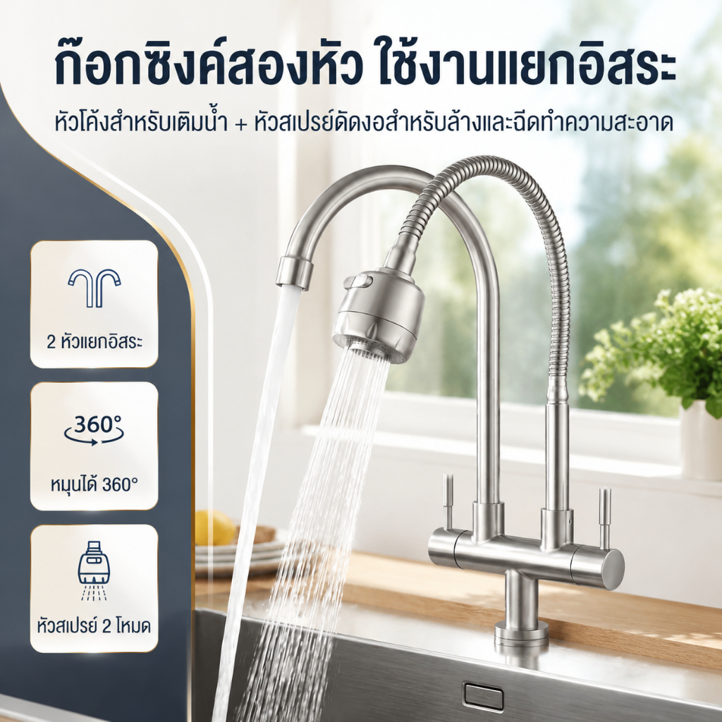 ก๊อกน้ำ2หัว ก๊อกน้ำ2ทาง ก๊อกน้ำซิงค์ สแตนเลส 304แท้ หมุนได้ 360