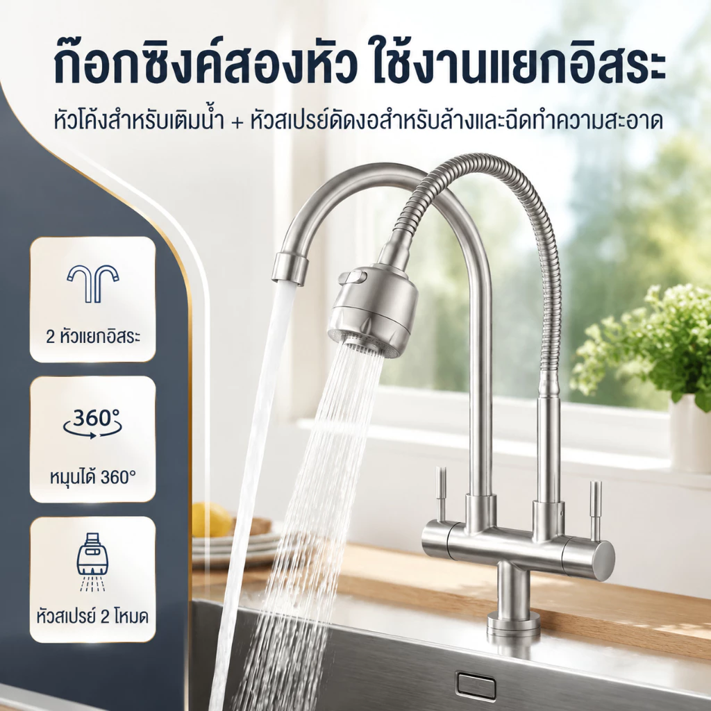 ก๊อกน้ำ2หัว ก๊อกน้ำ2ทาง ก๊อกน้ำซิงค์ สแตนเลส 304แท้ หมุนได้ 360