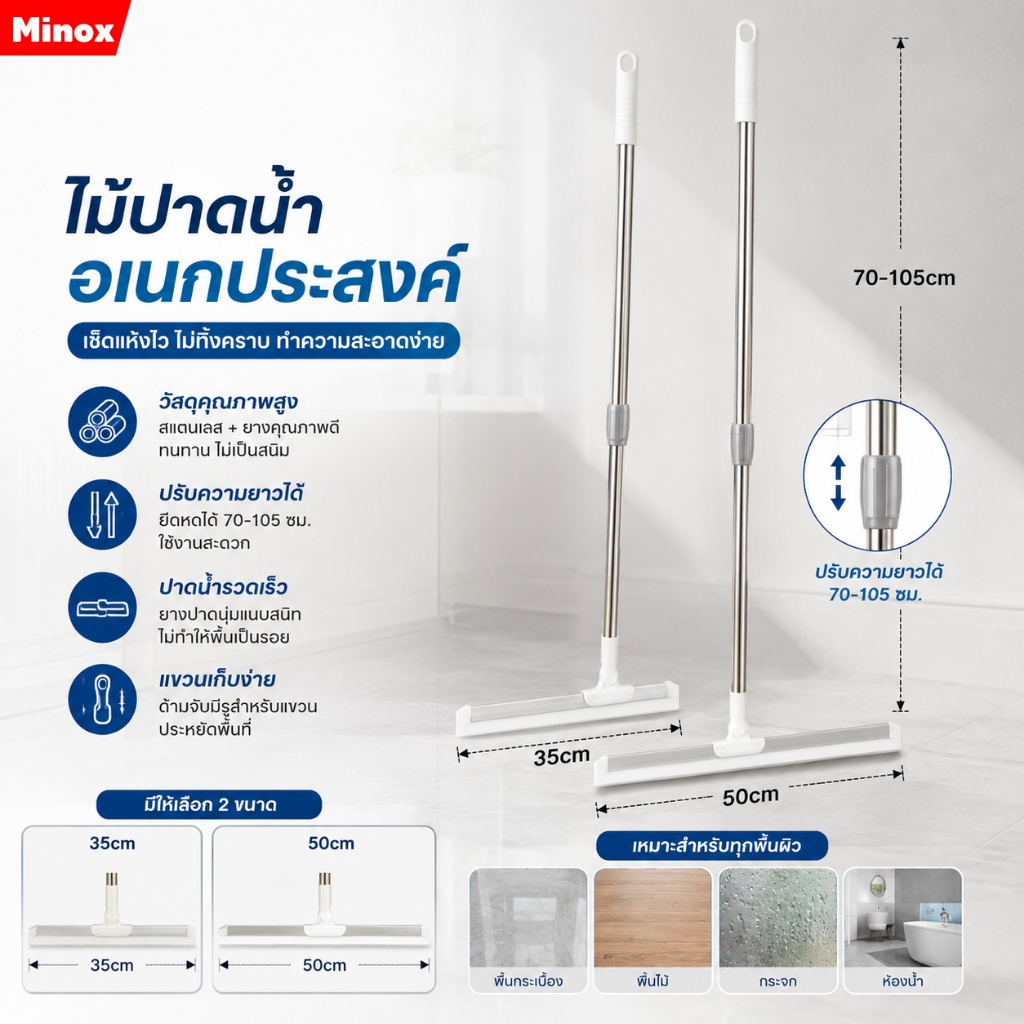 Minox ไม้รีดน้ำพื้น ไม้ปาดน้ำ ล้างทำความสะอาดได้ง่าย ไม้กวาดยางรีดน้ำ ปรับหมุนได้