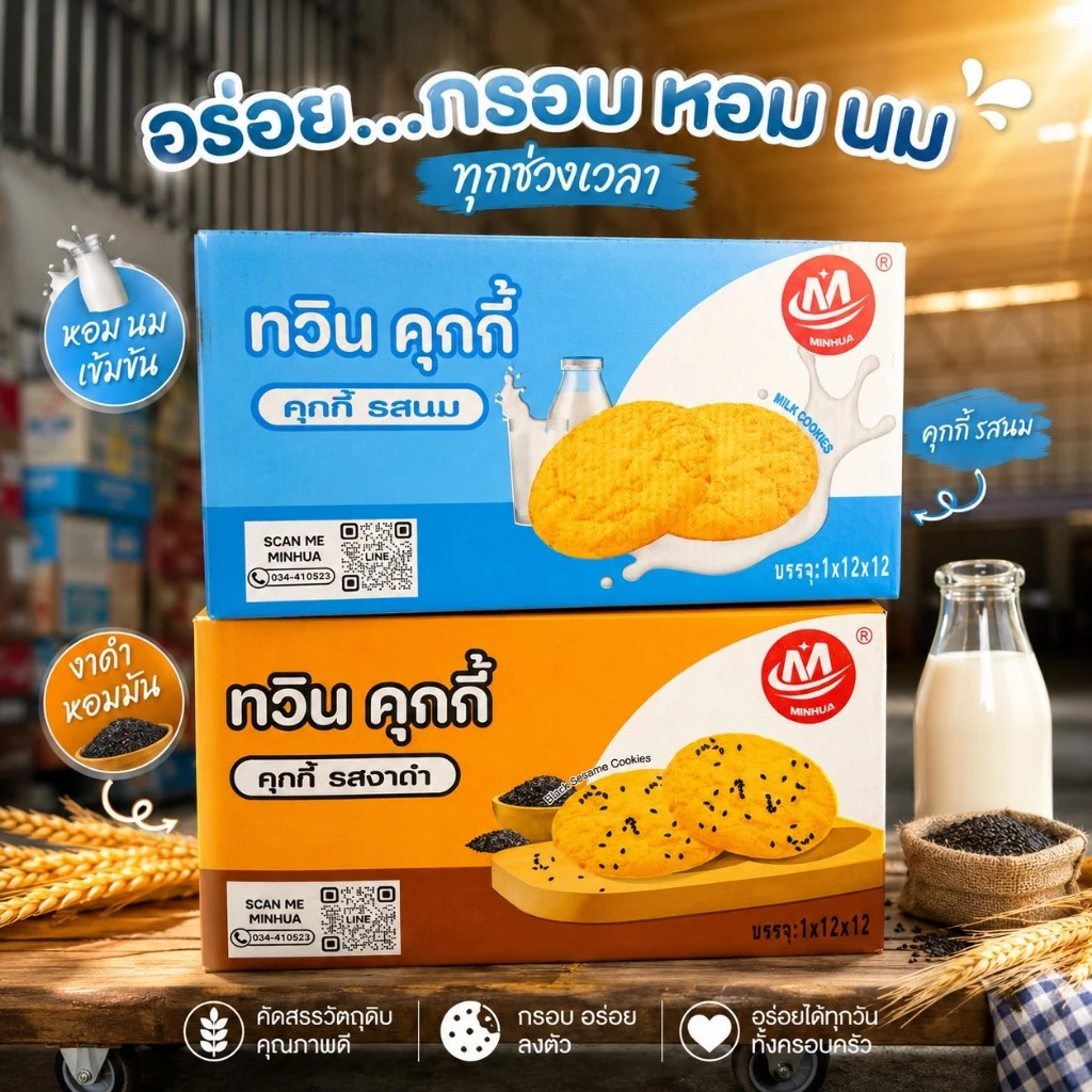 Minhua Twin Kookie ทวิน คุกกี้ งาดำ/นม 40g (ยกลัง 12 แพค 144 ซอง)