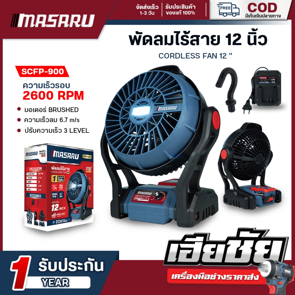 พัดลมไร้สาย MASARU พัดลมหน้ากว้าง 12 นิ้ว รุ่น SCFP-900 พัดลมไร้สาย 20V มีประกัน