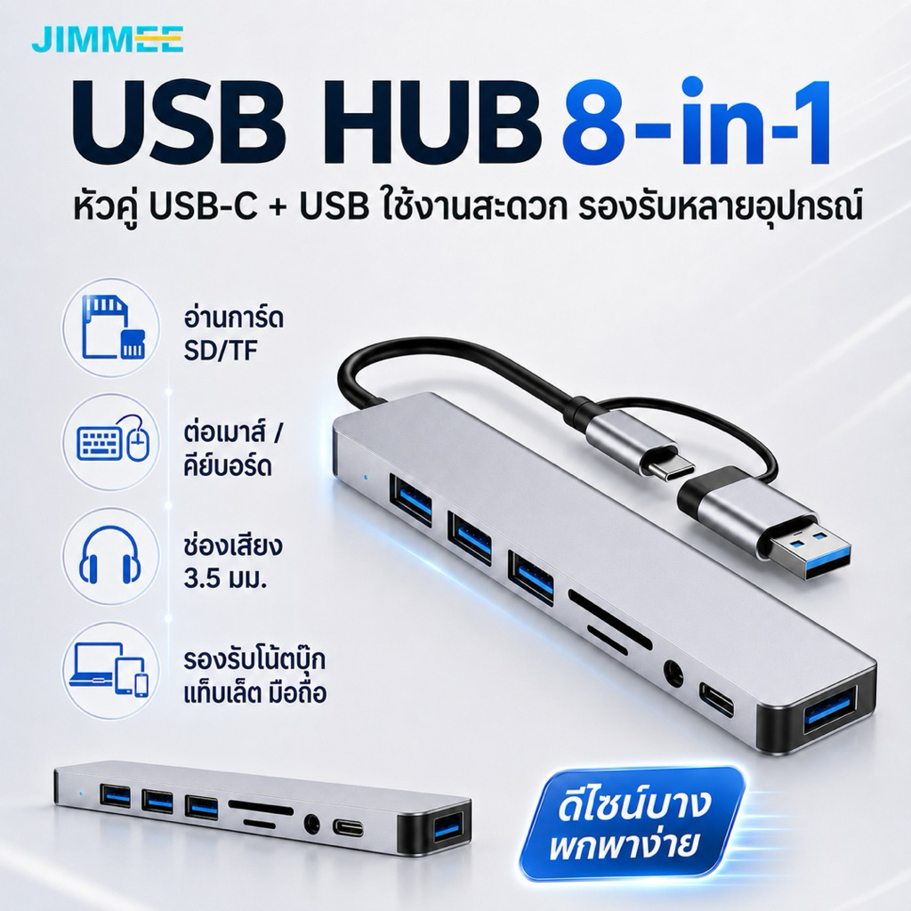JIMMEE USB HUB 8in1 หัวคู่ Type-C USB 3.0 ฮับแปลงหลายพอร์ต อ่าน SD/TF ต่อเมาส์ คีย์บอร์ด แฟลชไดร์ฟ สำหรับโน้ตบุ๊ก