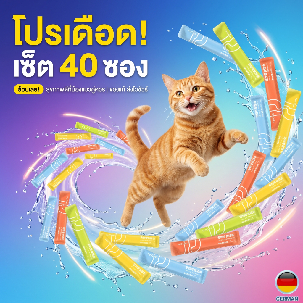 [แพ็คใหญ่] ขนมแมวเลีย PetClear 40 ชิ้น สูตรไก่/หอยเชลล์/แซลมอน/หญ้าแมว สำหรับแมวทุกสายพันธุ์