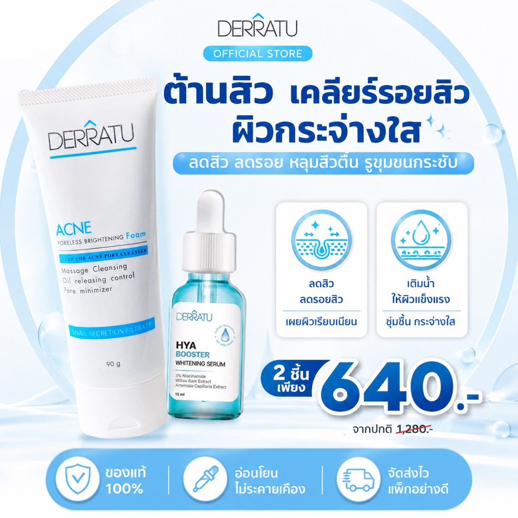 ชุดต้านสิว ผิวกระจก (โฟม90g+ เซรั่ม) เคลียร์สิว รอยสิว ลดเลือนรอยดำแดง บูสผิวเนียนใส ฉ่ำโกลว์