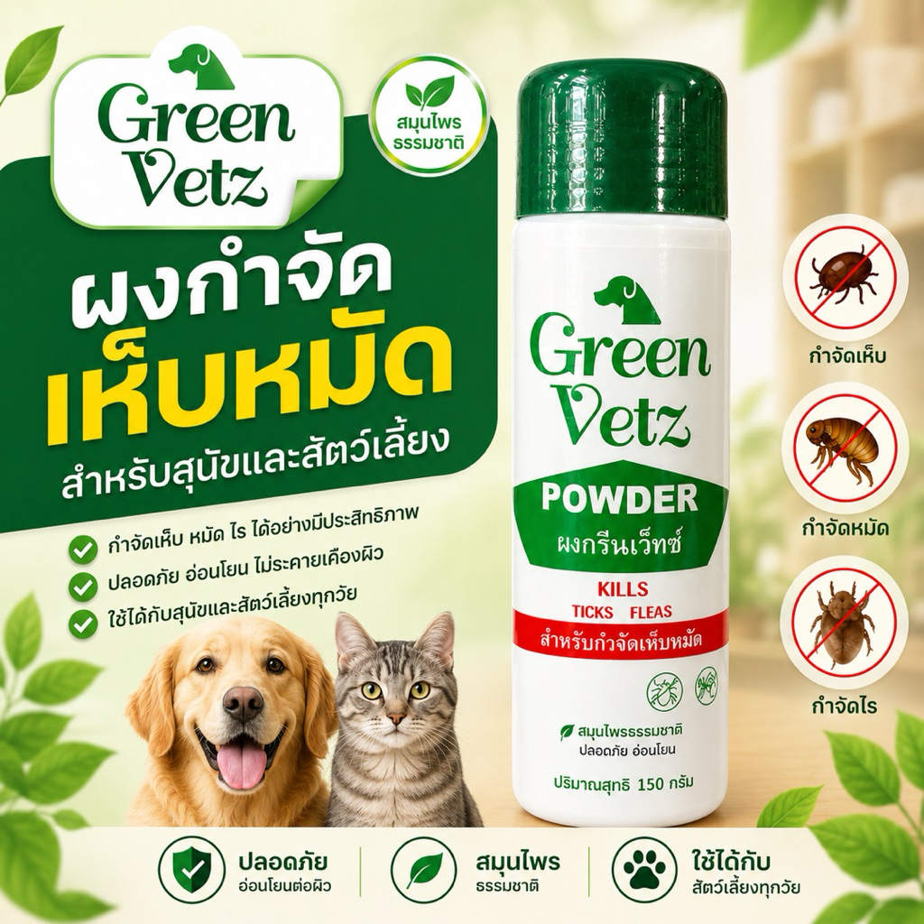 แป้งหมา กรีนเวท (Green vet) ขนาด 150 กรัม มีอย.