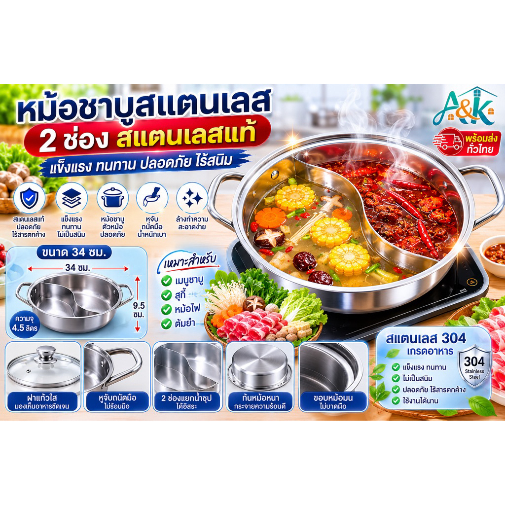 A&k family shop หม้อชาบูสแตนเลส มี ขนาด34 ซม. พร้อมฝากระจก แบบหนา NF977/978