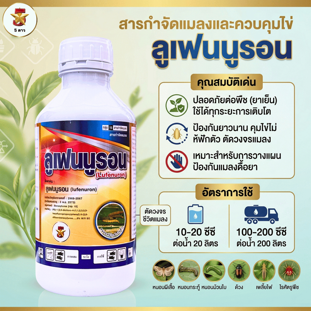 ลูเฟนนูรอน 1 ลิตร คุมไข่ ทำลายหนอน และตัวอ่อนแมลง กำจัดหนอนกระทู้ข้าวโพด
