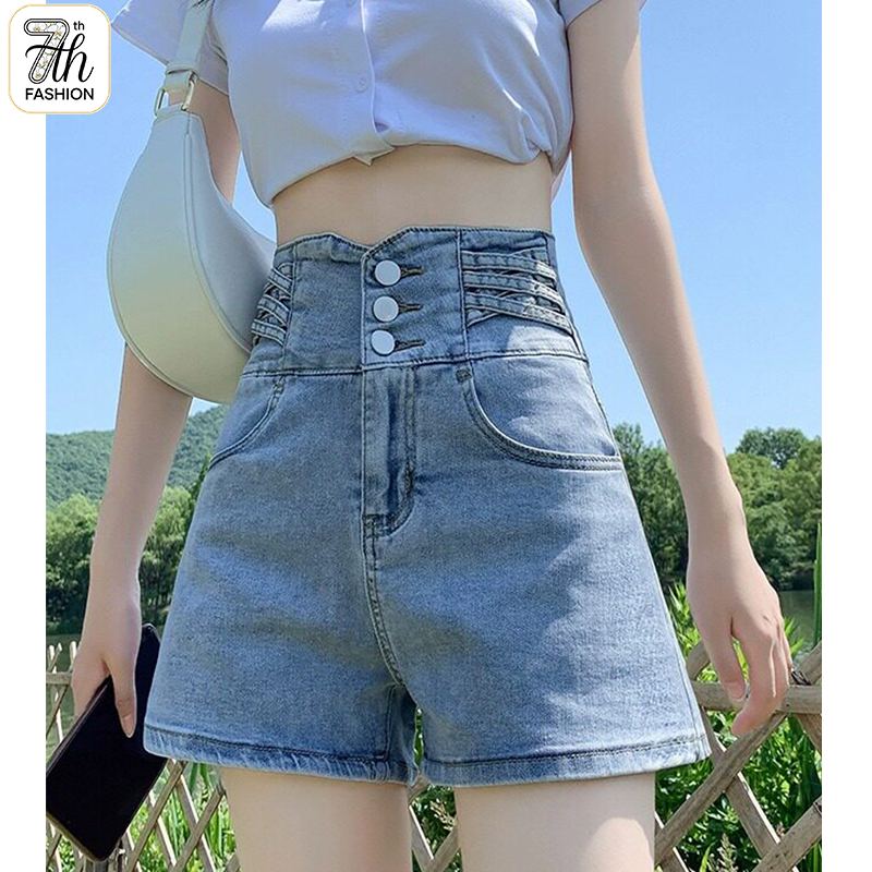 S-5XL กางเกงยีนส์ขาสั้นผู้หญิง Jean Shorts /สไตล์เอวสูงสามกระดุม / แฟชั่นเกาหลี สั้นสบายใส่ทุกวัน