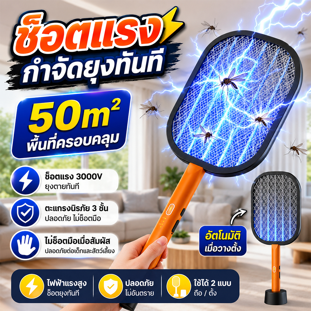 【แถมหัวชาร์จ】2in1 ไม้ช็อตยุง ไฟแรง ที่ตียุง แสงสีม่วงล่อยุง ตาข่าย 5 ชั้น ไม้ตียุงไฟฟ้า