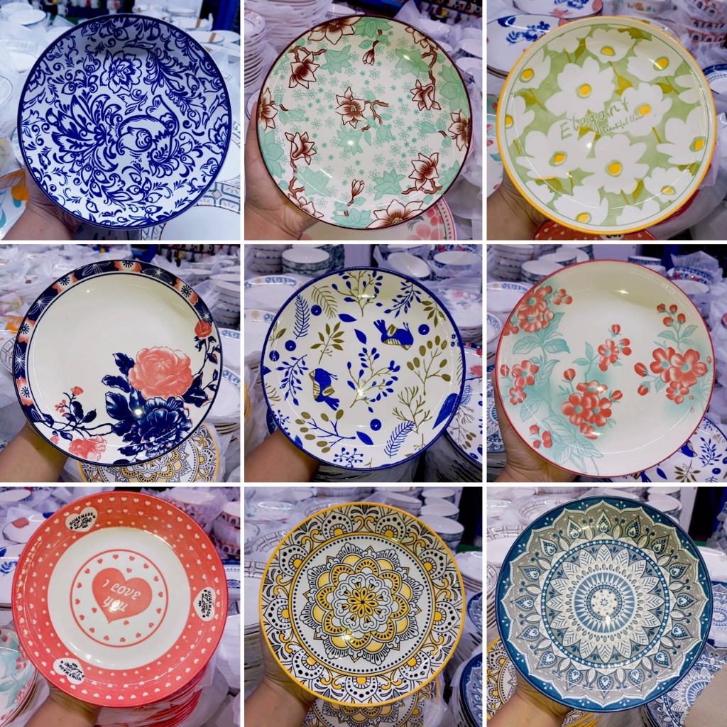จานเซรามิก 8 นิ้ว จานข้าว จานลายดอกไม้ จานลายสวยๆ จานหลากสี จานกระเบื้อง เข้าไมโครเวฟได้