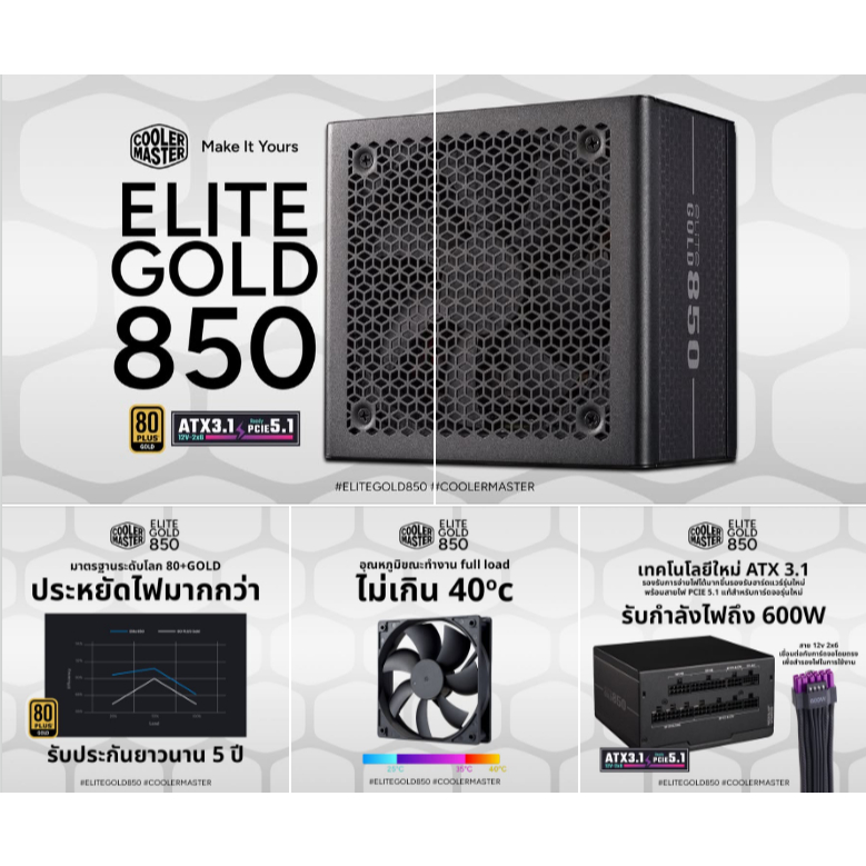 POWER SUPPLY (อุปกรณ์จ่ายไฟ) Cooler Master Elite Gold 850W ATX3.1 PCIe 5.1 (80+ Gold) นิ่ง เงียบ มั่นใจทุกการจ่ายไฟ