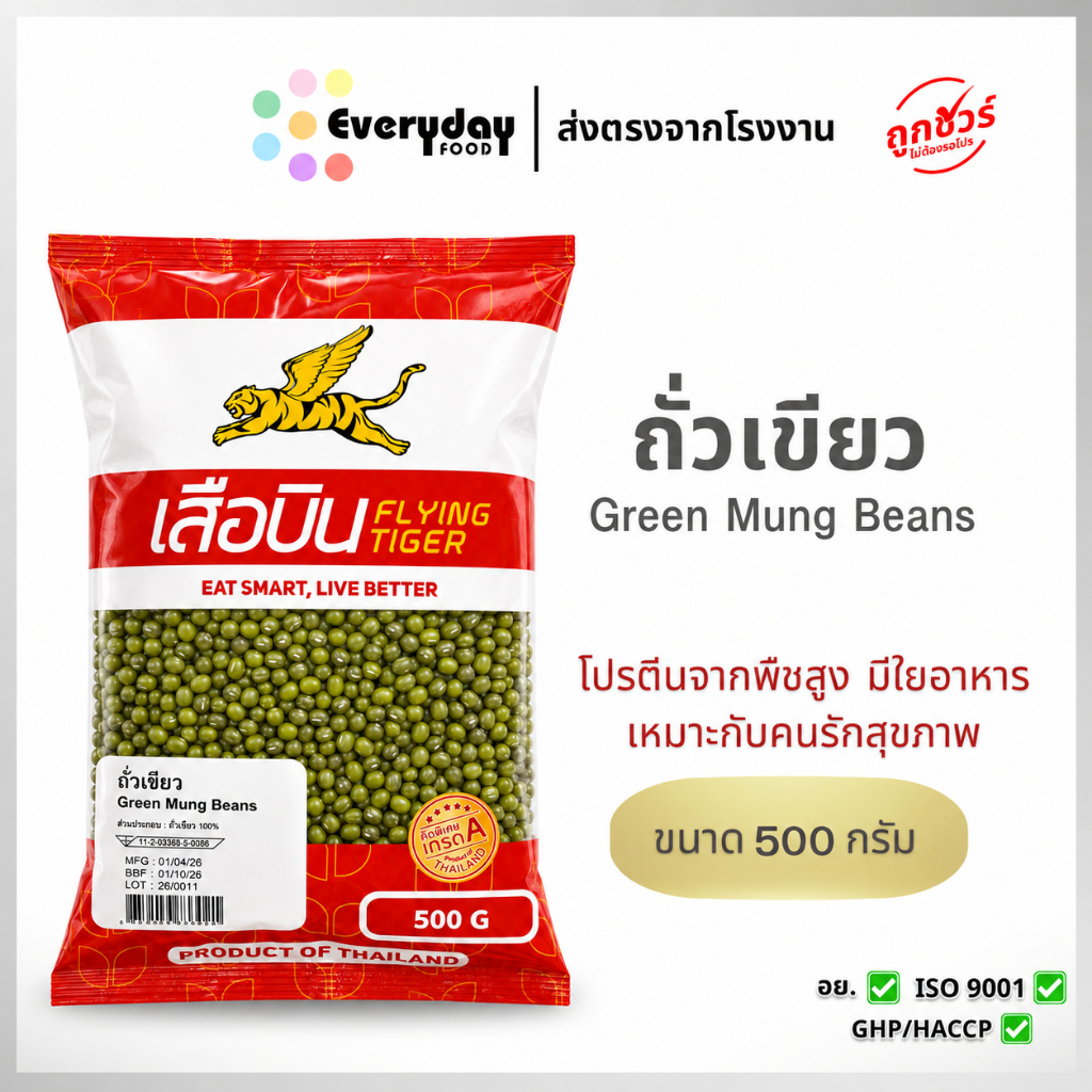 ถั่วเขียวดิบ 500 ก. ตราเสือบิน ถั่วเขียวผิวมัน คัดพิเศษ | Green Mung Beans