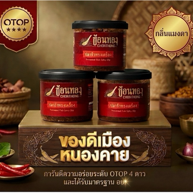 ช้อนทองน้ำพริกปลาร้าทรงเครื่อง(สุก) กลิ่นแมงดาของฝากของดีเมืองหนองคายน้ำพริกแจ่วปลาร้าขายดีการันตีคุณภาพด้วยOTOP4ดาว