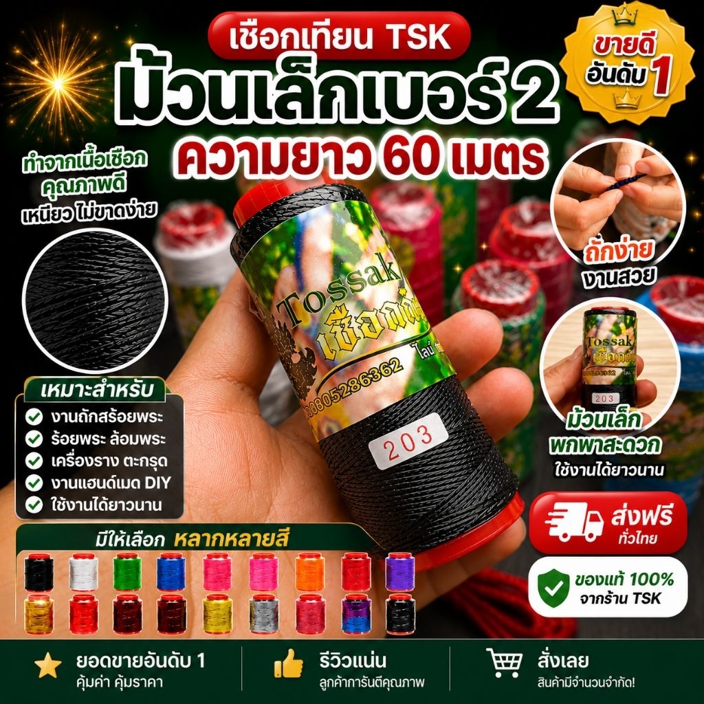 เชือกเทียนTSK เบอร์ 2 ม้วนเล็ก ความยาว 60 เมตร งานถักแฮนด์เมด