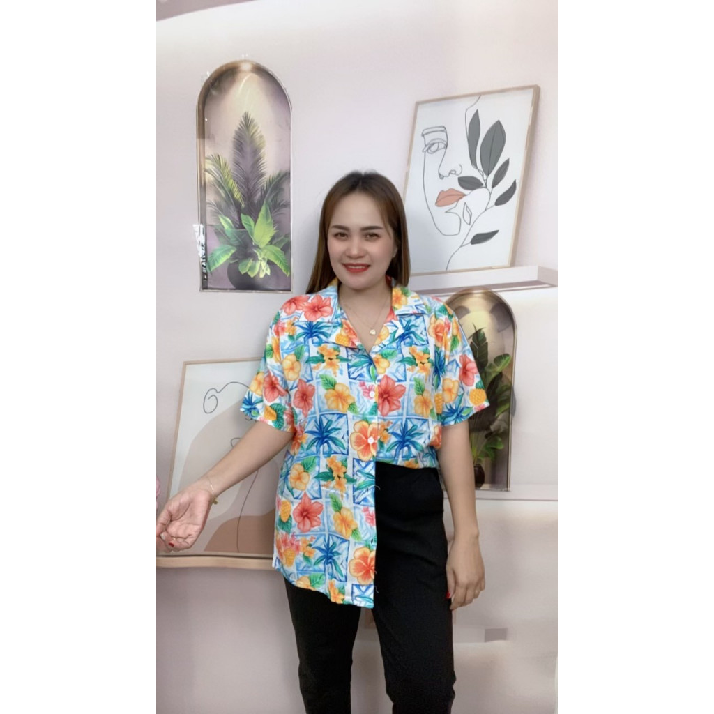 เสื้อลายดอก เสื้อเชิ้ตฮาวาย ใส่สงกรานต์ กระดุมหน้า ผ้าสปัน ชาย/หญิง ใส่ได้ รุ่น1015