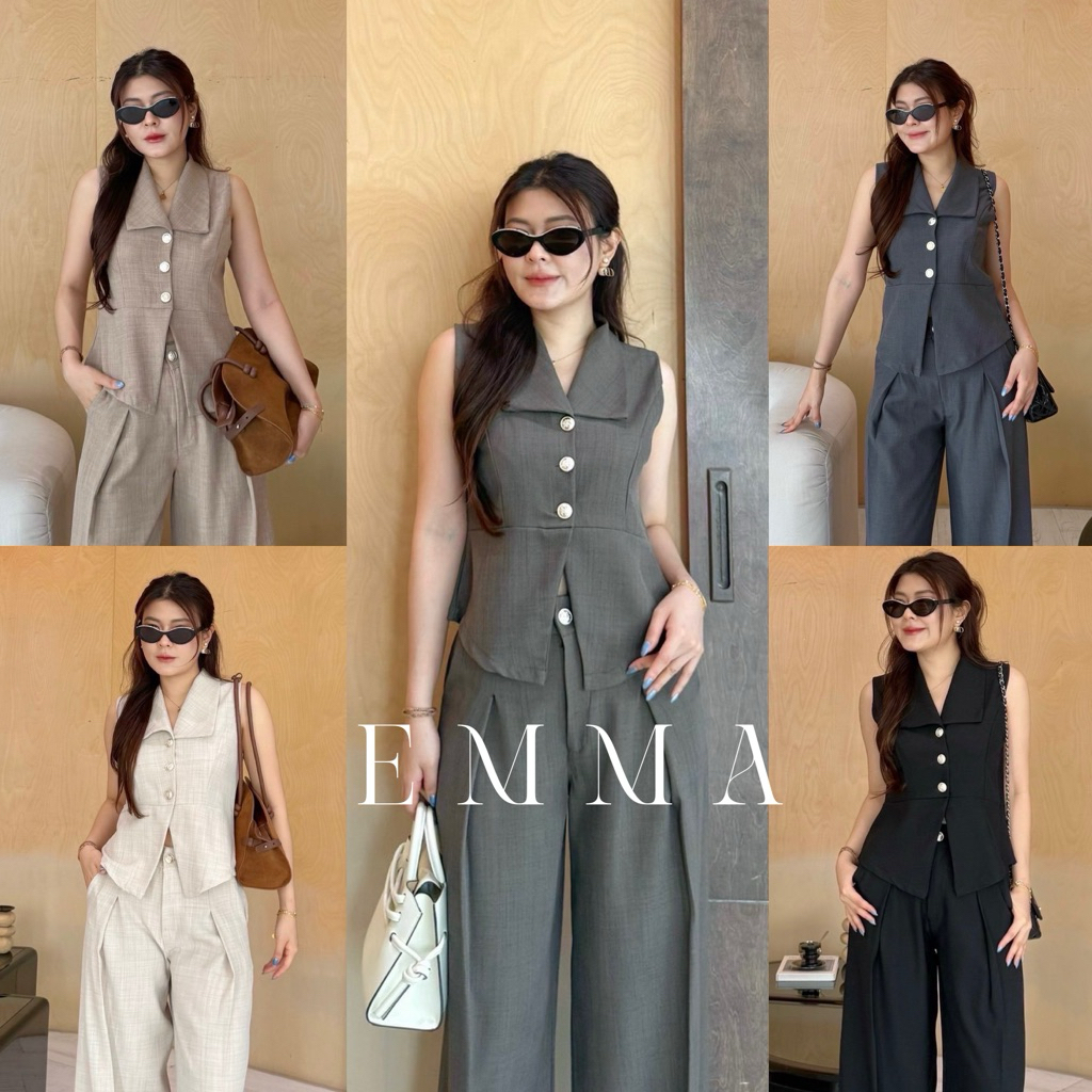 Emma Set☀️🌺🌵  ชุดเซ็ตเสื้อvestคอปกติดกระดุมหน้า(ส่งด่วน🚗) ใส่คู่กับกางเกงขายาวตีจีบหน้า รุ่นนี้ใช้เป็นผ้าสโนว์