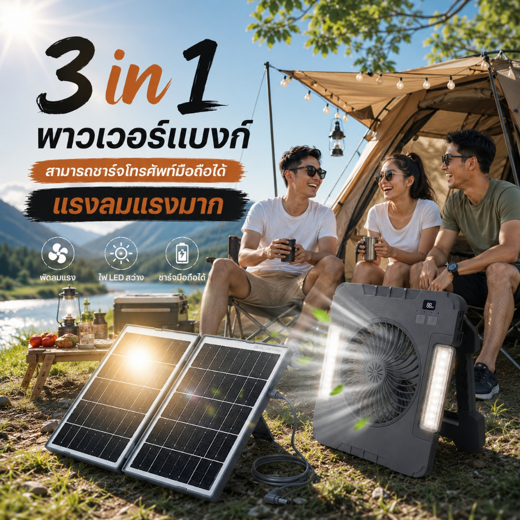 พัดลมโซล่าเซลล์ พับได้ ลมแรง แบตอึด 6000mAh มีไฟ LED ชาร์จโทรศัพท์ได้ เหมาะสำหรับแคมป์ปิ้ง TSM-2601