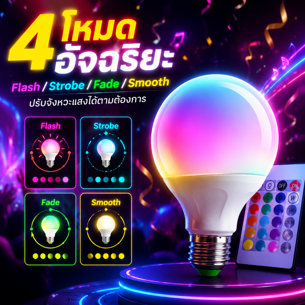 [ ลูกค้าใหม่ 1 บาท ] หลอดไฟเปลี่ยนสี LED RGBW หลอดไฟปาร์ตี้ เปลี่ยนได้16สี ประหยัดไฟ 25000ชั่วโมง ใช