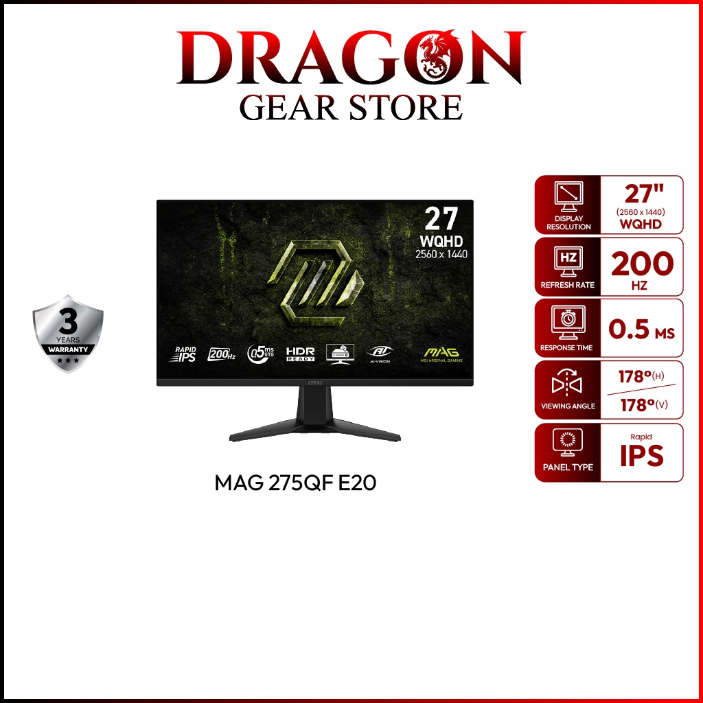 MSI Monitor MAG 275QF E20 | 27" | Rapid IPS | WQHD | 0.5ms | 200Hz (จอคอมพิวเตอร์)
