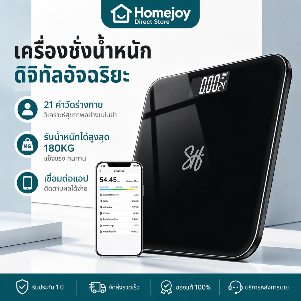 เครื่องชั่งน้ำหนักดิจิตอล วัดไขมัน BMI 21 ค่าสุขภาพ 180kg Bluetooth เชื่อมต่อแอพ iOS/Android ชาร์จ USB
