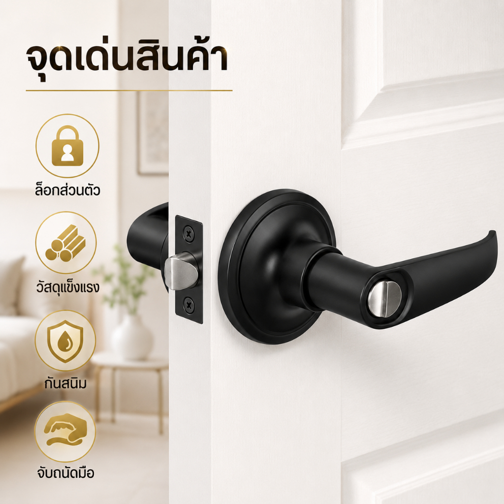 ลูกบิดก้านโยกประตู 2in1 สแตนเลส กันงัด พร้อมกุญแจ 3 ดอก สำหรับประตูหนา 25-65 มม. สีดำ/สีเงิน ติดตั้งง่าย