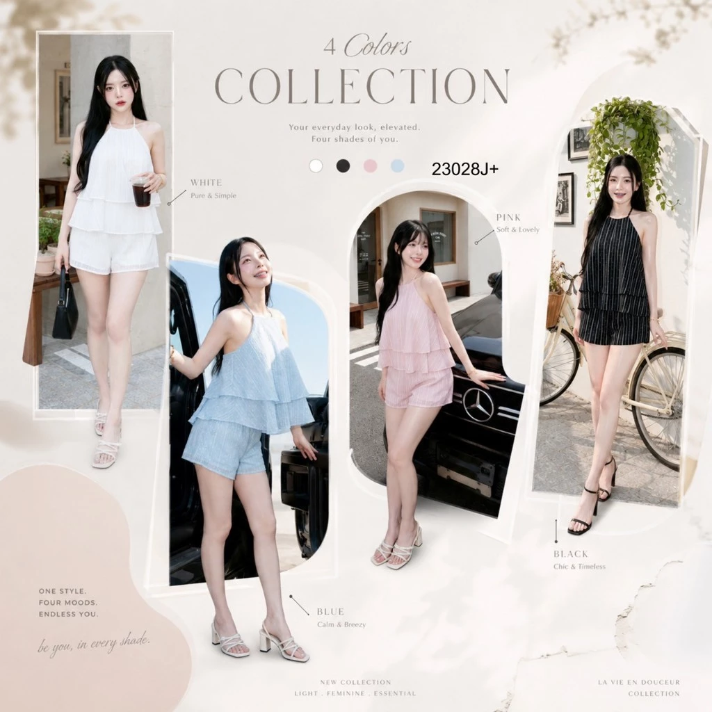 set 2 ชิ้น เสื้อคล้องคอระบาย 2 ชั้น + กางเกงขาสั้น TT23028