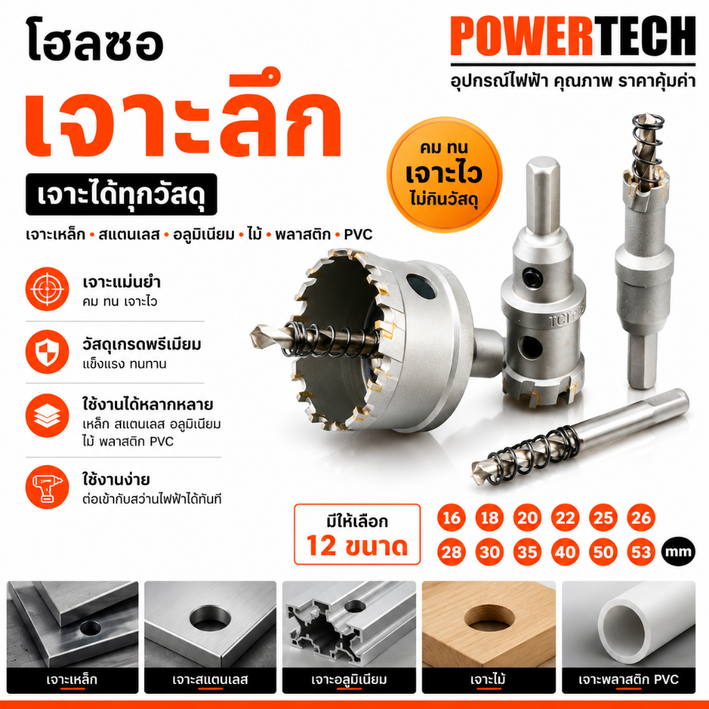 โฮลซอ โฮซอ เจาะสแตนเลส  พลาสติก PVC แบบเจาะลึก โฮลซอ Hole saw มีให้เลือกหลายขนาด