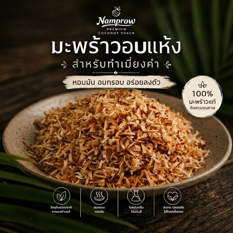 มะพร้าวอบแห้งสำหรับเมี่ยงคำ หอมมัน อบกรอบ ไม่เหม็นหืน  l namprow