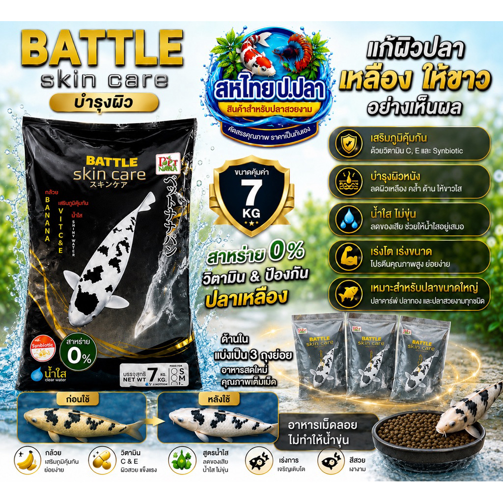 BattleSkincare  7kg อาหารปลาสูตรบำรุงผิว แก้ปัญหาปลาผิวเหลือง ด้านในแบ่งเป็น3ถุงย่อยอาหารสดใหม่