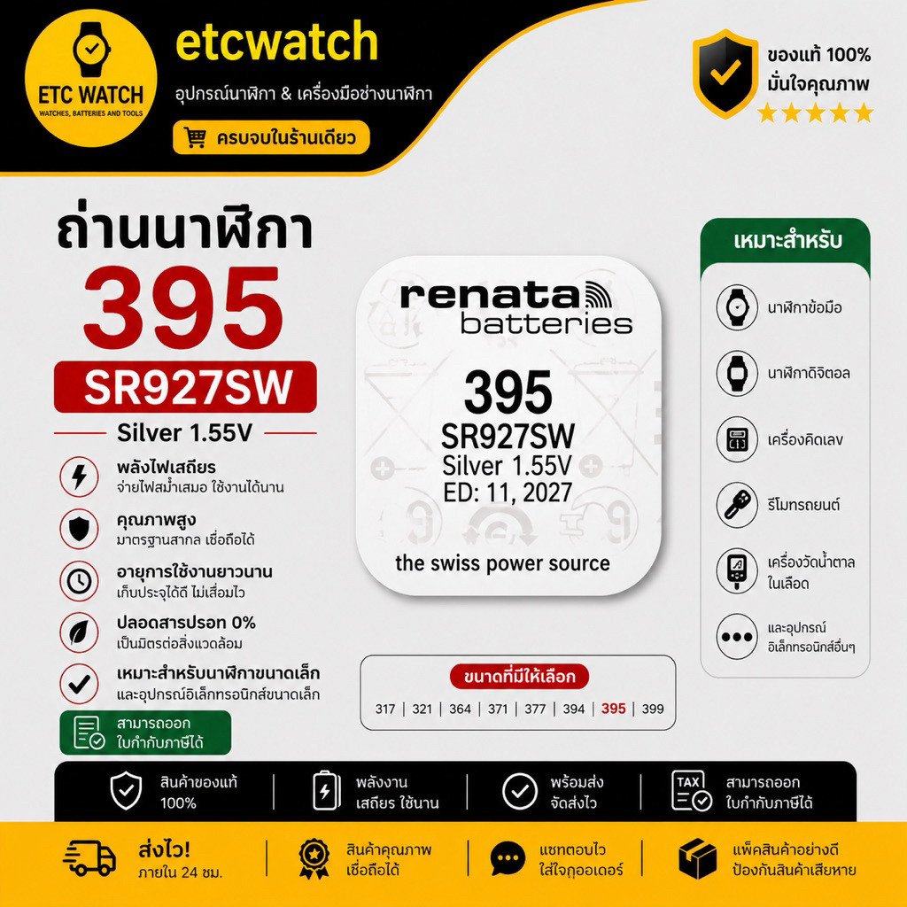 พร้อมส่ง> ถ่านกระดุม Renata 395 / SR927SW Silver 1.55V Swiss Made สำหรับ GAC-100 GAC-110