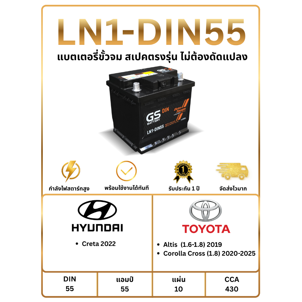 แบตเตอรี่ GS LN1-MF 12V 55 แอมป์ พร้อมใช้งานทันที ไม่ต้องเติมน้ำกลั่น (แถมฟรี กันขี้เกลือ 1 ชุด)