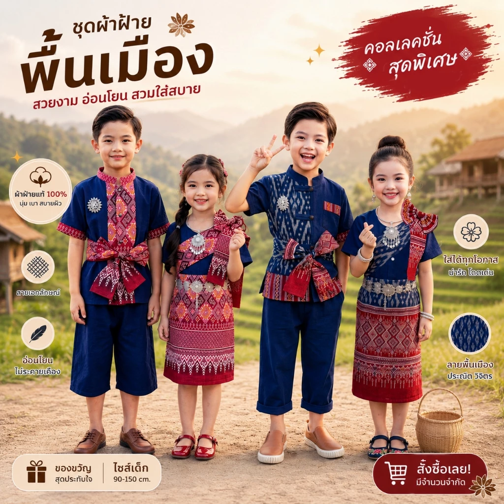 ชุดไทยเด็ก ล้านนา ชุดผ้าฝ้ายพื้นเมือง เนื้อนุ่ม ตัดเย็บเนี๊ยบ มีทั้งของเด็กชายและหญิง มี6ไซส์ สำหรับเด็กหนัก 10-40 kg