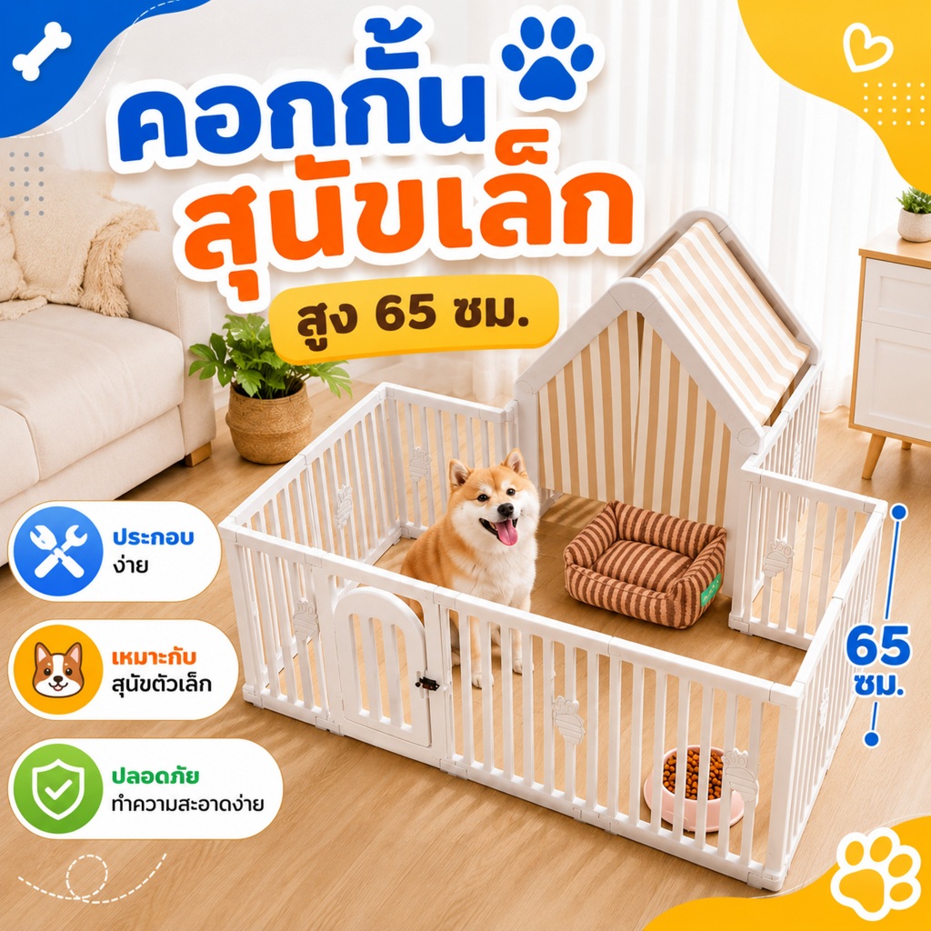คอกกั้นสัตว์เลี้ยง พับได้ มีประตู สูง 65 ซม. คอกสุนัข คอกหมา ประกอบตามใจชอบ ระบบล็อคประตู เหมาะสำหรับสัตว์เลี้ยงขนาดเล็ก