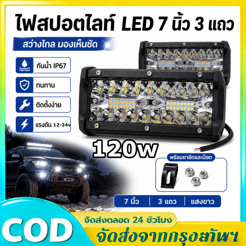 LED 120W 12ถึง 24โวลล์ 120วัตต์ สว่าง กันน้ำ งานอลูมิเนียมงานหนา แข็งแรงชนาด7นิ้ว กันน้ำ 12V-24VSpotlight SUV รถบรรทุก