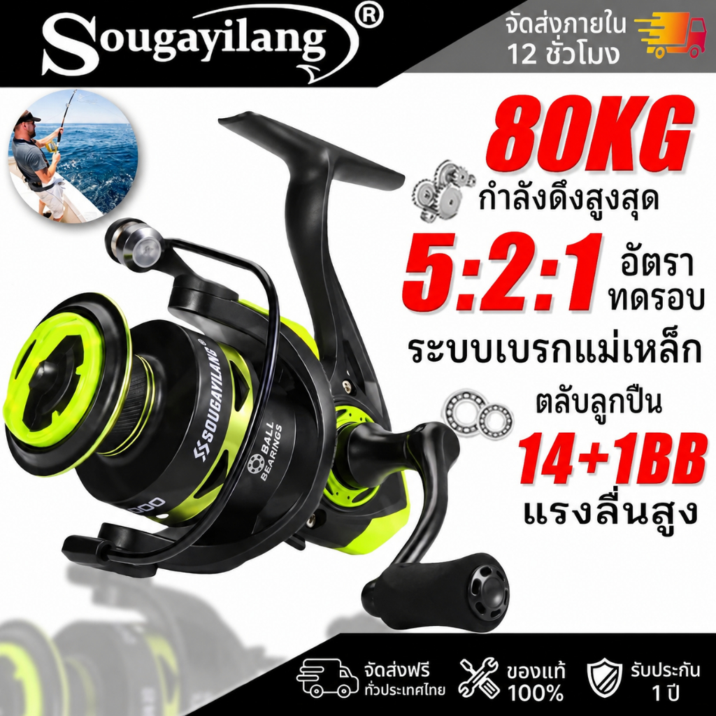 Sougayilang รอกหมุนตกปลา อัตราทดเกียร์ 5.2:1สำหรับตกปลาน้ำเค็ม รอกตกปลาน้ำจ อุปกรณ์ รอกตกปลา