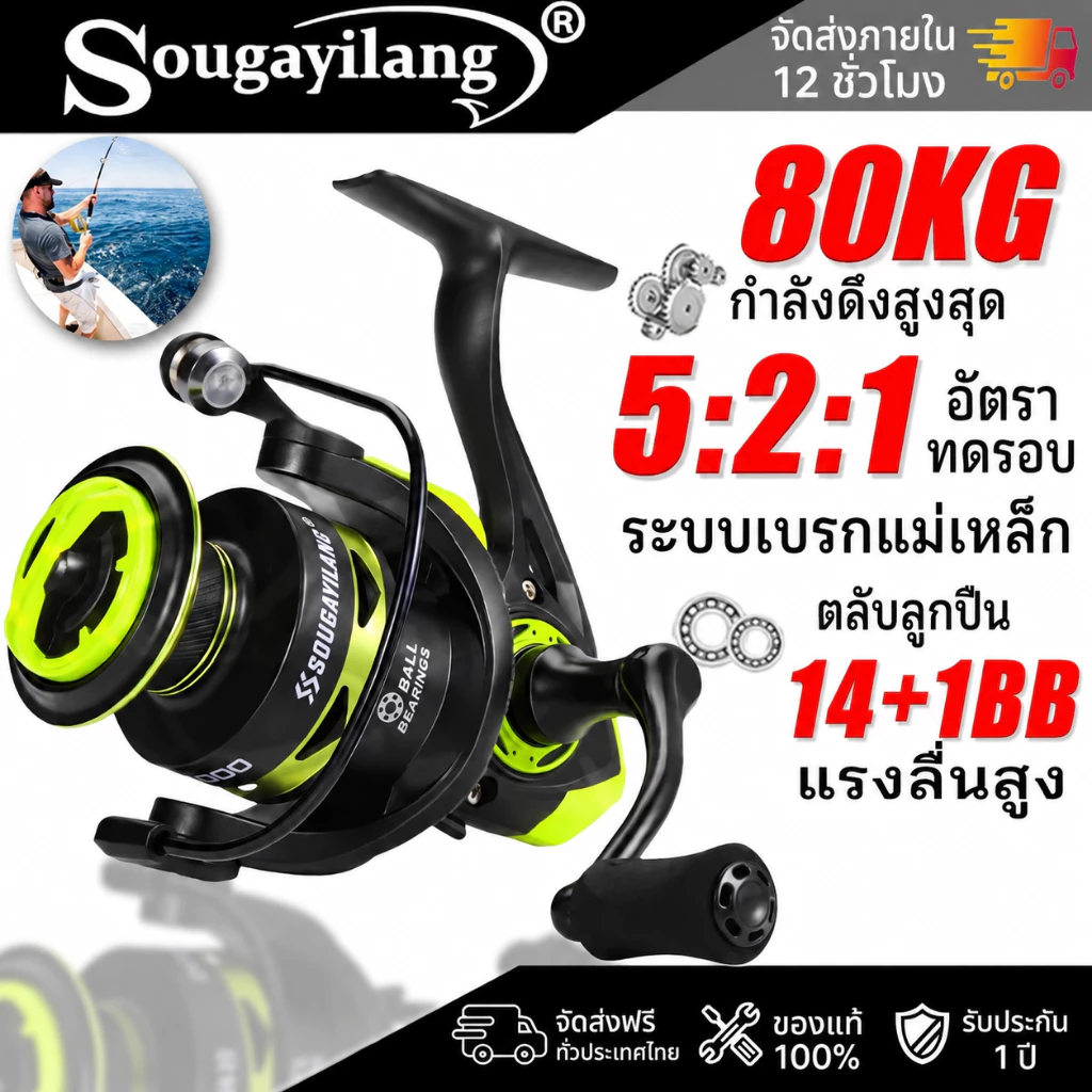 Sougayilang รอกหมุนตกปลา อัตราทดเกียร์ 5.2:1สำหรับตกปลาน้ำเค็ม รอกตกปลาน้ำจ อุปกรณ์ รอกตกปลา