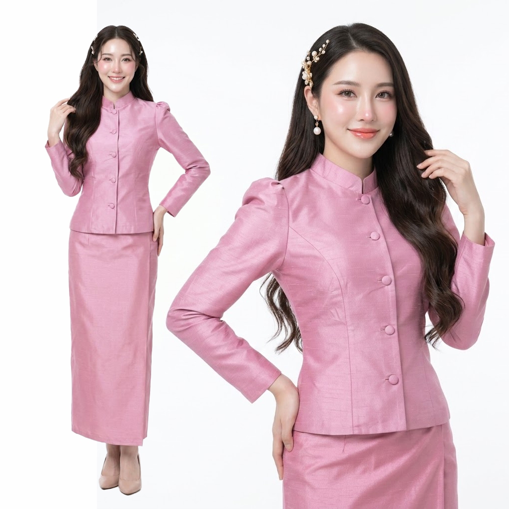 [ขายแยกชิ้น-พร้อมส่ง] เสื้อไทยจิตรลดา ผ้าถุงสำเร็จรูป รหัส M6 ศ10 สีชมพูปูน ผ้าไหมสี่เส้นอัดกาว ทรงสุภาพ อก 34-46 นิ้ว