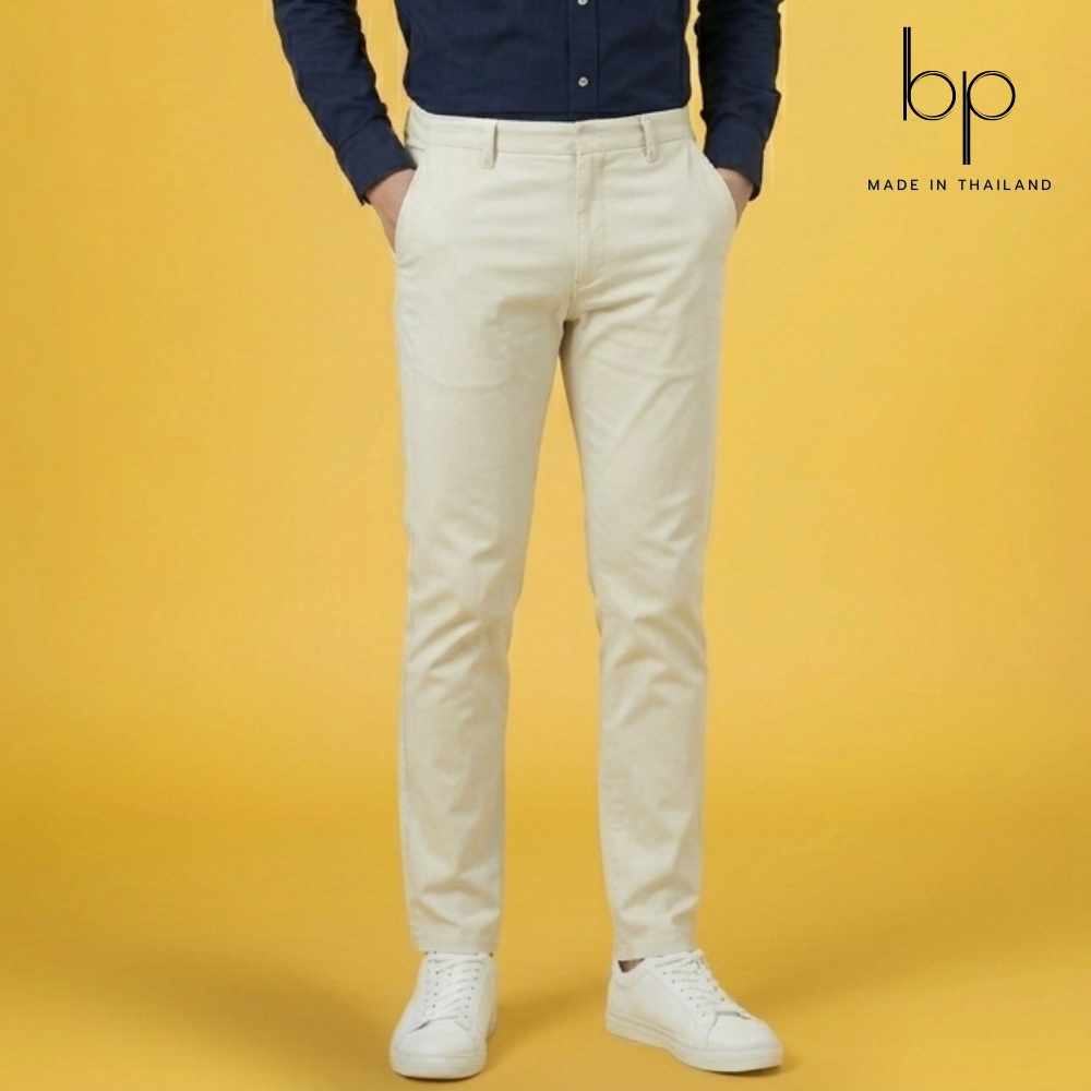 bp กางเกงสแล็ค ผ้ายืด สีครีม ทรงเข้ารูปสวยมาก เอว28-52" ผ้าดีมากใส่สบาย MADE IN THAILAND