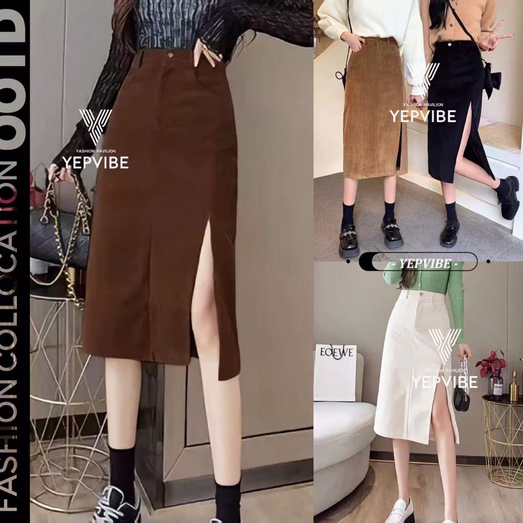 พร้อมส่ง กระโปรงยาว ผ้าลูกฟูก ผ่าหน้า 1 กระดุม เซ๊กซี่หวานๆ Clothing Women