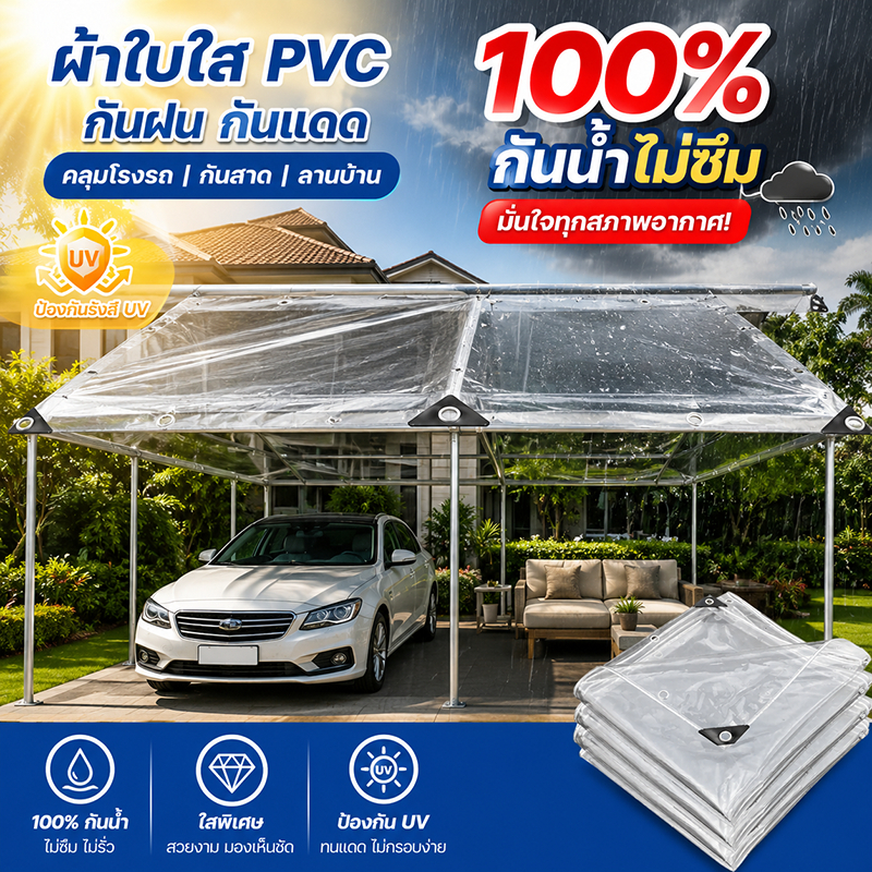 ผ้าใบกันฝน ผ้ายางกันน้ำ PVC 2×3m มีตาไก่ ทนต่อแดดจัด ไม่เหลือง ผ้าใบกันฝน 100% ใสแสงได้ดี ผ้าใบอเนกประสงค์