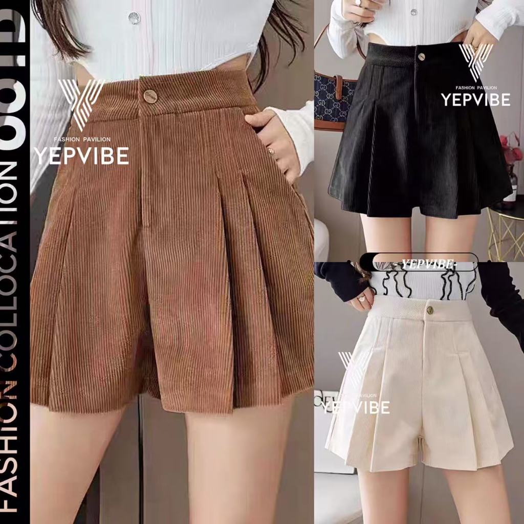 พร้อมส่ง กางเกงขาสั้นเอวสูง ผ้าลูกฟูก เอวสม็อค สไตล์เกาหลี ใส่สบาย Clothing เสื้อผ้า