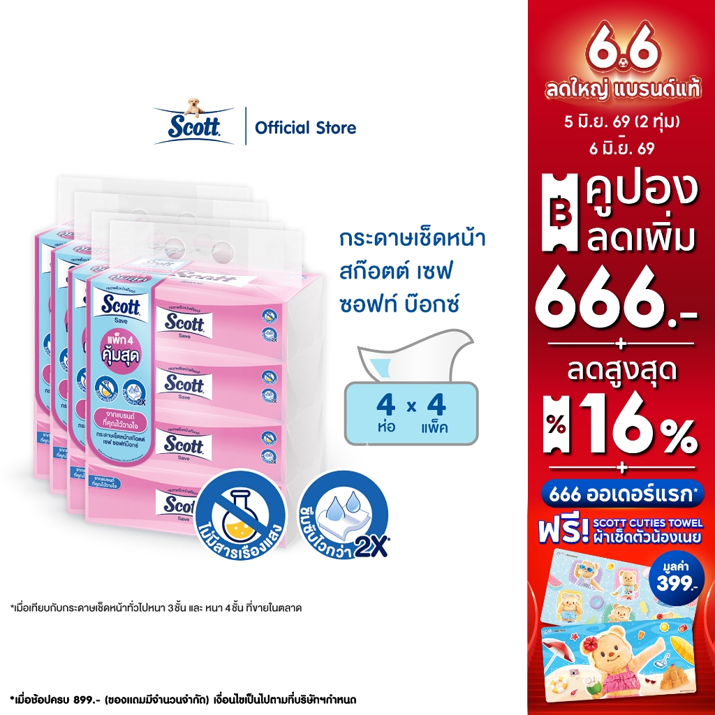 กระดาษเช็ดหน้า สก๊อตต์® เซฟ ซอฟท์ บ๊อกซ์ 160 แผ่น 4 ห่อ x4 แพ็ค Scott® Save Soft Box 160 sheets x4 packs
