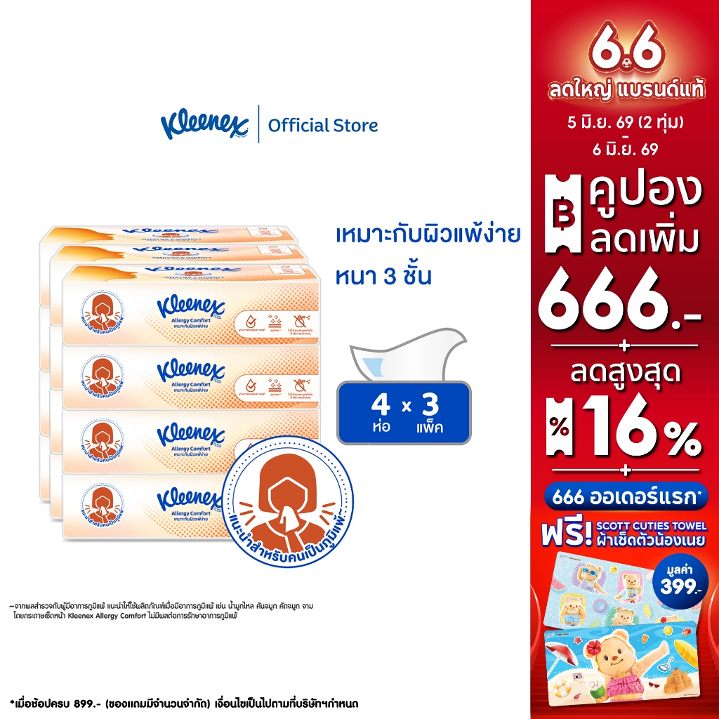 กระดาษเช็ดหน้า คลีเน็กซ์ ® เอเลอร์จี คอมฟอร์ท ซอฟท์ บ๊อกซ์ 68แผ่น 4 ห่อ x3 Kleenex® Allergy Comfort Soft Box 68sheet x3