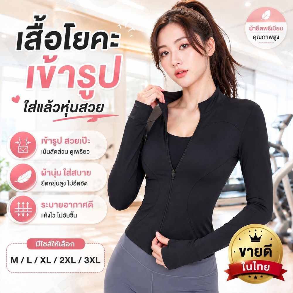 A09-เสื้อเล่นโยคะแขนยาว ดีไซน์รัดรูปดูแพง เสื้อแจ็คเก็ตสปอร์ตมีซิป ใส่แมทช์กับกางเกงเลกกิ้งสวยมาก พร้อมส่งไทย